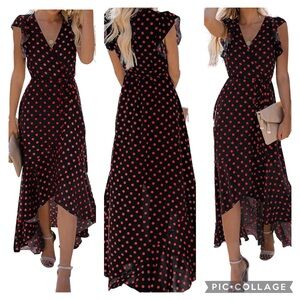 Grecerelle Black & Red High-Low Ruffle Hem Faux Wrap Dress